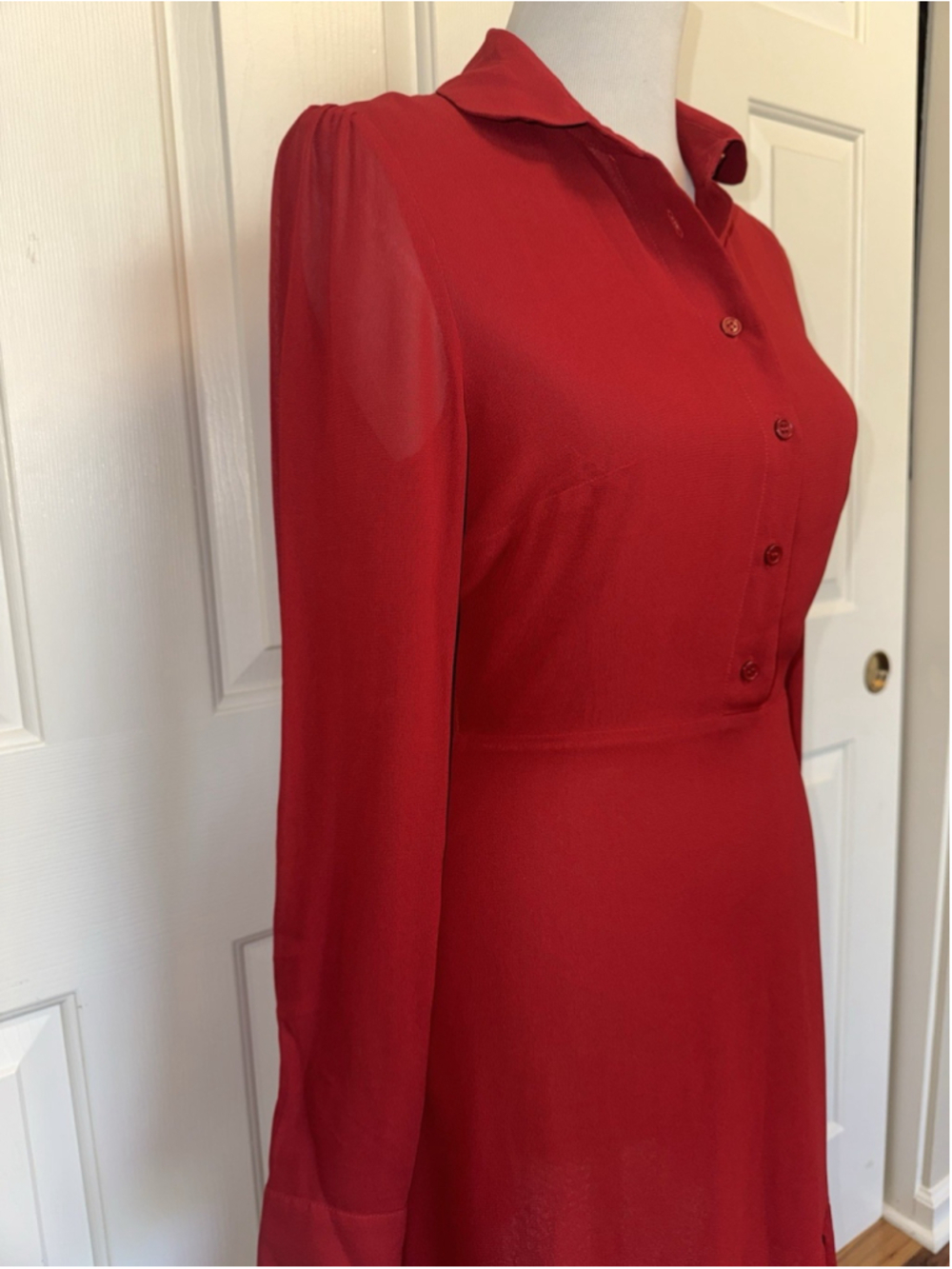Reformation Red Mini Dress Romantic Coquette Sheer Sleeves Ruffle Hem Feminine 4 - Picture 4 of 13